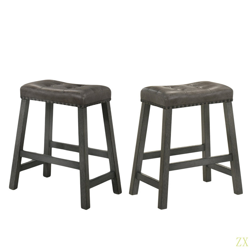 Set Of 2 Rustic Counter Stools, 25-Inch Backless Wooden Farmhouse Barstools With Faux Leather Seat, Distressed Finish, Space-Saving Design
