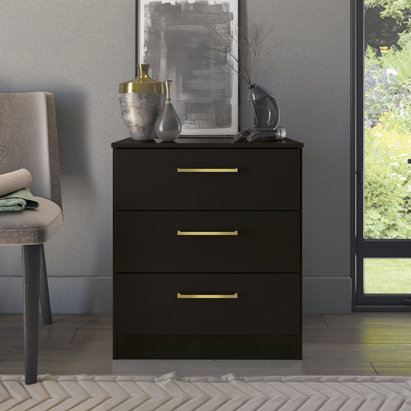 Commode verticale à 3 tiroirs avec poignées dorées Jolyne - Rangement moderne pour chambre à coucher, Noir