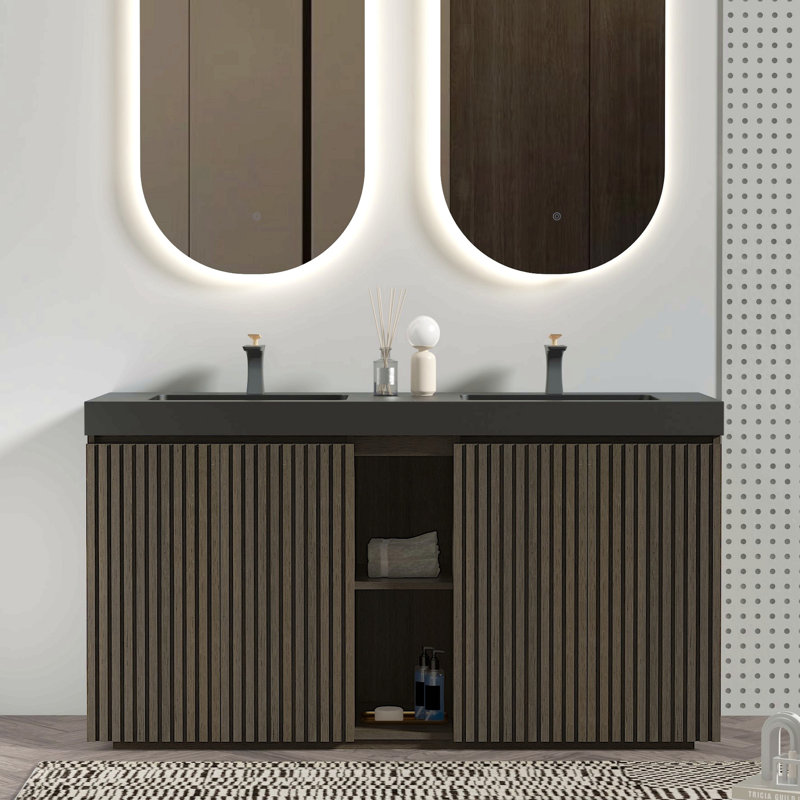 Meuble-lavabo autoportant 60 po en chêne fumé avec lavabo 60 po pour salle de bain moderne