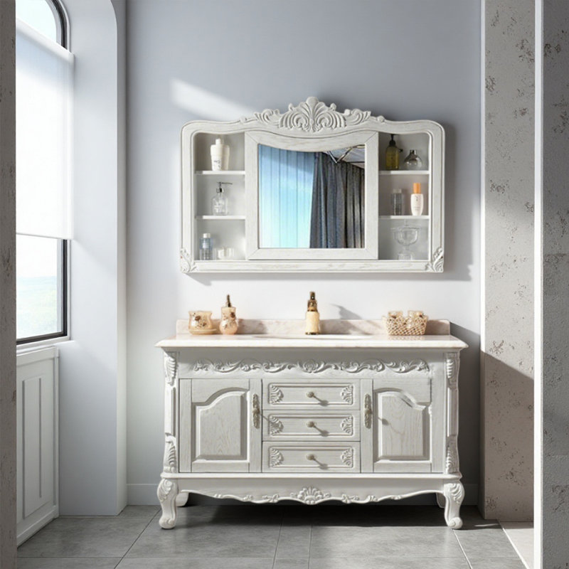 Meuble-lavabo sculpté en chêne de style européen avec plateau en marbre