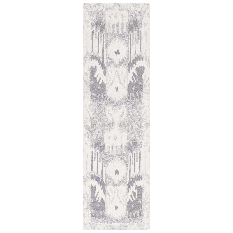 Ikat Hand Tufted Wool/Cotton Ikat Rug in Light Gray/Ivory, Runner 2'3" x 8'