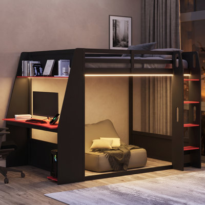 Lit double superposé en bois pleine grandeur avec tablettes de rangement pour bureau USB DEL noir et rouge pour mobilier de chambre d'enfant