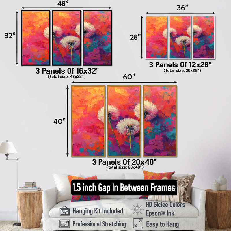 Neon Dandelion Burst in Bright Neon Pop Art II - Art mural pissenlit - ensemble de 3, H 28 po x l 36 po, Doré