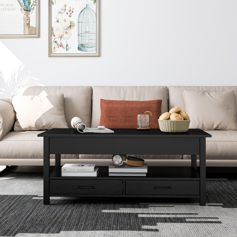 Coffee Table, Lift Top Coffee Table with Hidden Compartment, 2 Drawers and 1 Open Shelf