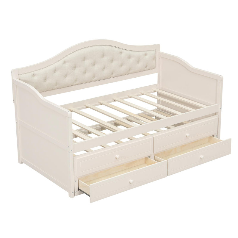 Twin Daybed With Trundle, Twin Size Daybed With 2 Storage Drawers, Wooden Sofa Bed With Upholstered Button Tufted Backrest For Living Room, Bedroom, Guest Room,Beige