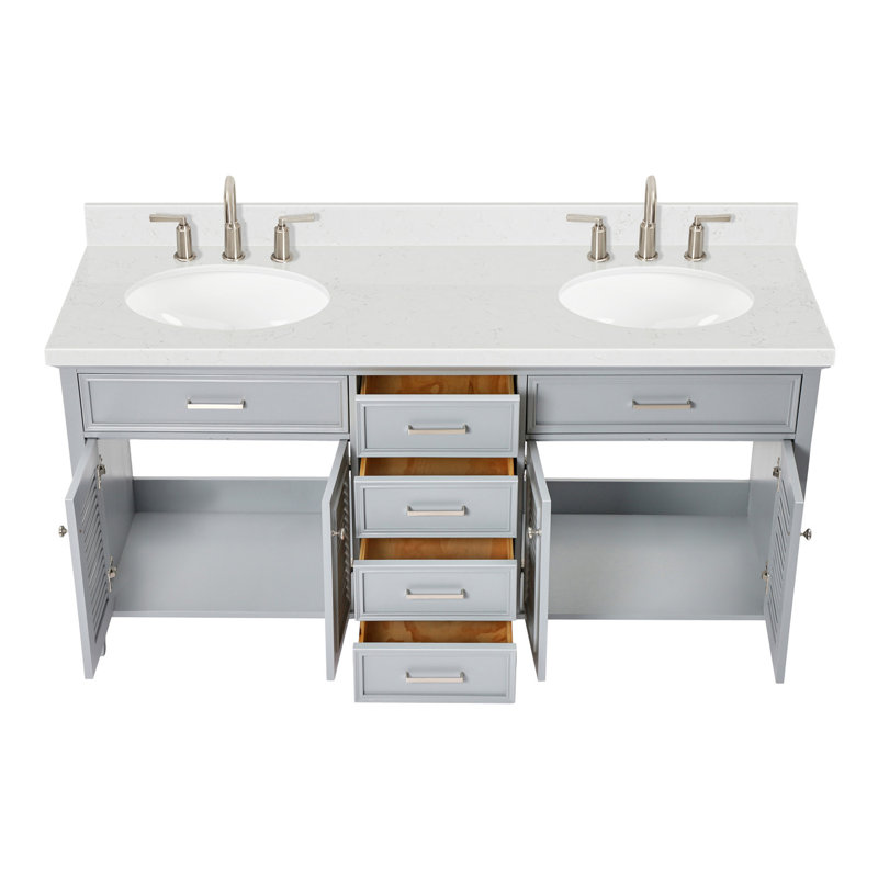 Ensemble de meuble-lavabo double 72,25 po avec plateau en quartz Blazier, Gris, 72"
