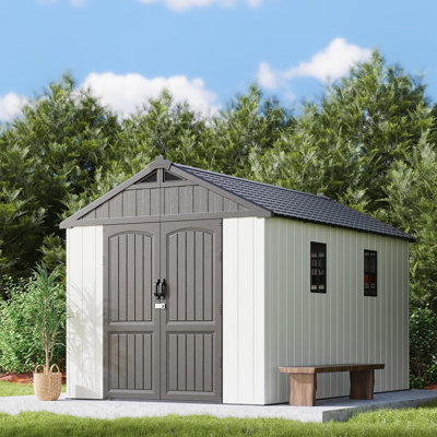 Plastic Outdoor Storage Shed With Floor, Resin Shed With Window And Lockable Door For Garden, Backyard, Tool Storage Use, Easy To Install In Beige
