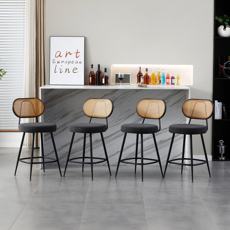 Counter Stool With Rattan Back, Black, 4