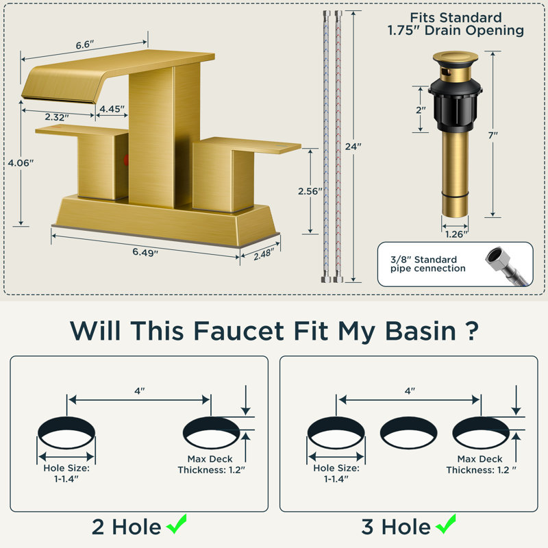 Centerset Bathroom Faucet with Drain Assembly, 2-handle Bathroom Sink Faucet, Brushed Gold