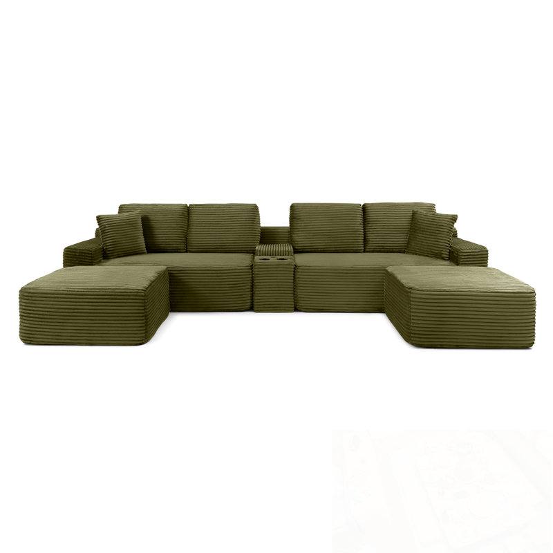 Canapé modulaire en velours côtelé avec deux repose-pieds, porte-gobelets et ports USB, Vert