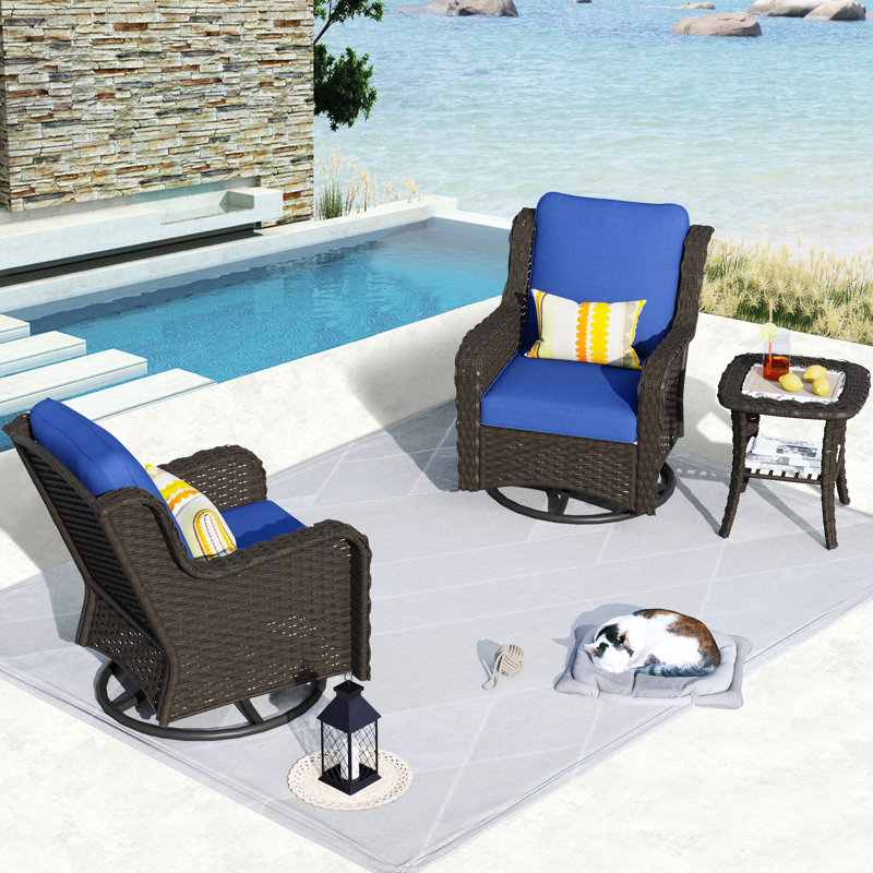 Ensemble de conversation en rotin avec coussins 3 pièces Stemple, Bleu marine, Brun