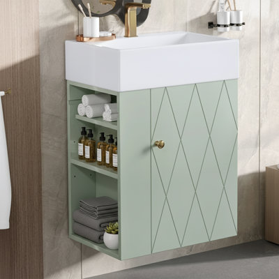  20 Inch Wide Wall Mounted Floating Bathroom Vanity with Ceramic Sink and Diamond Pattern Door Green