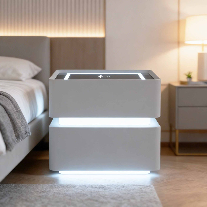 2-drawer Modern Smart Nightstand With Led Lighting And Wireless Charging, Gray