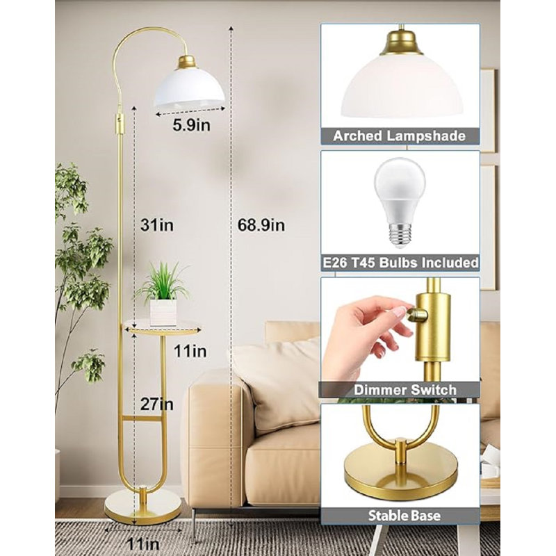 Gold Adjustable Floor Lamp with White Acrylic Shade and Storage Shelf