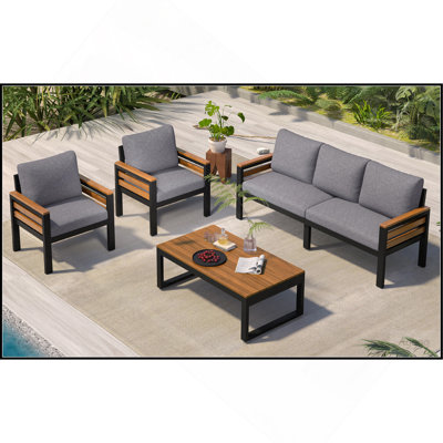 Ensemble de canapé d'extérieur 4 pièces pour 5 personnes avec accoudoirs en bois d'acacia, ensemble de conversation pour patio avec coussin amovible et table basse en bois massif pour le jardin, gris