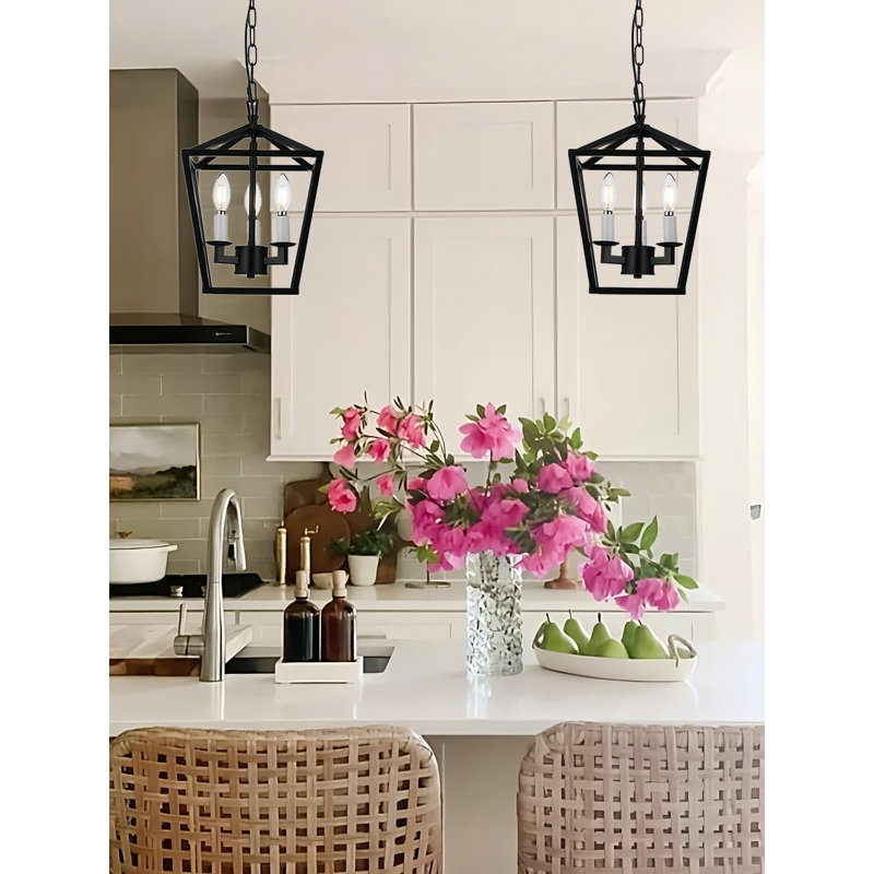 3 - Light Lantern Geometric Open Cage Medieval Pendant in Black/Gold/Silver, Iron, Antique Aged