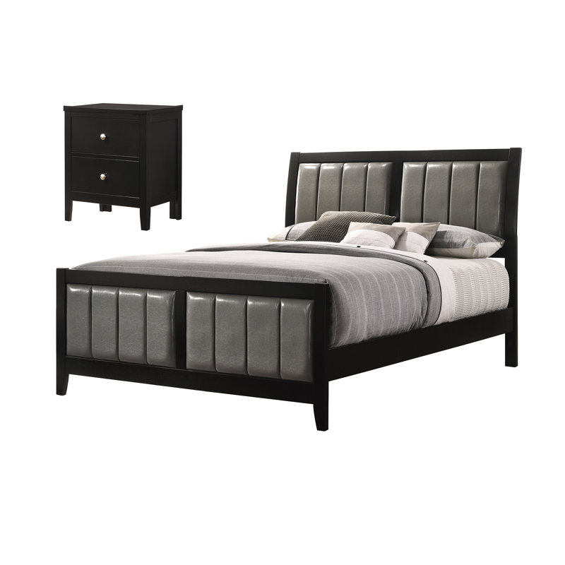 Ensemble de chambre à coucher 2 pièces avec table de chevet noire et grise Halliday, Double