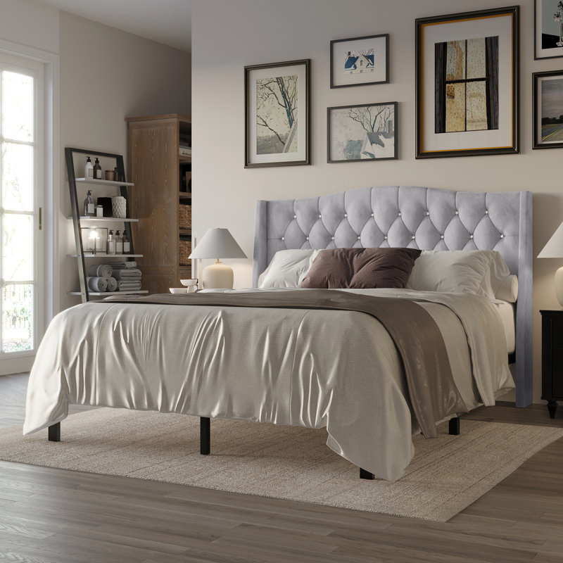 Dwayn Upholstered Wingback Bed, Silver Gray, Twin