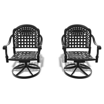Chaises pivotantes d'extérieur en aluminium coulé pour 2 personnes, structure noire, coussins aléatoires confortables, patio de 2 pièces avec cadres et couleurs résistantes aux intempéries