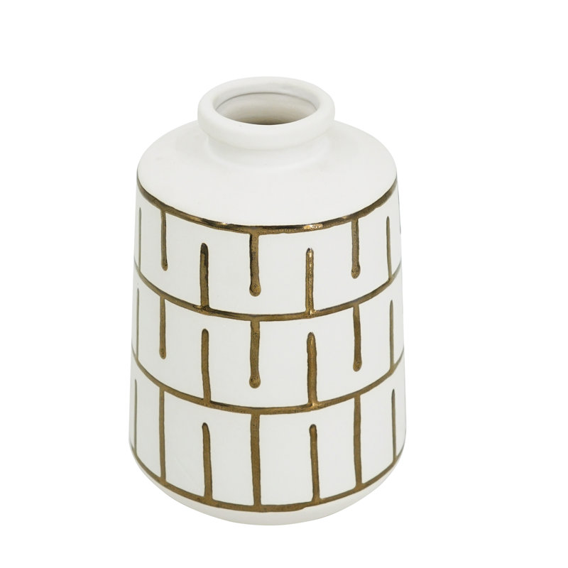 Round White Ceramic Vase with Gold Motif, 8.5" H x 5.7" W x 5.7" D