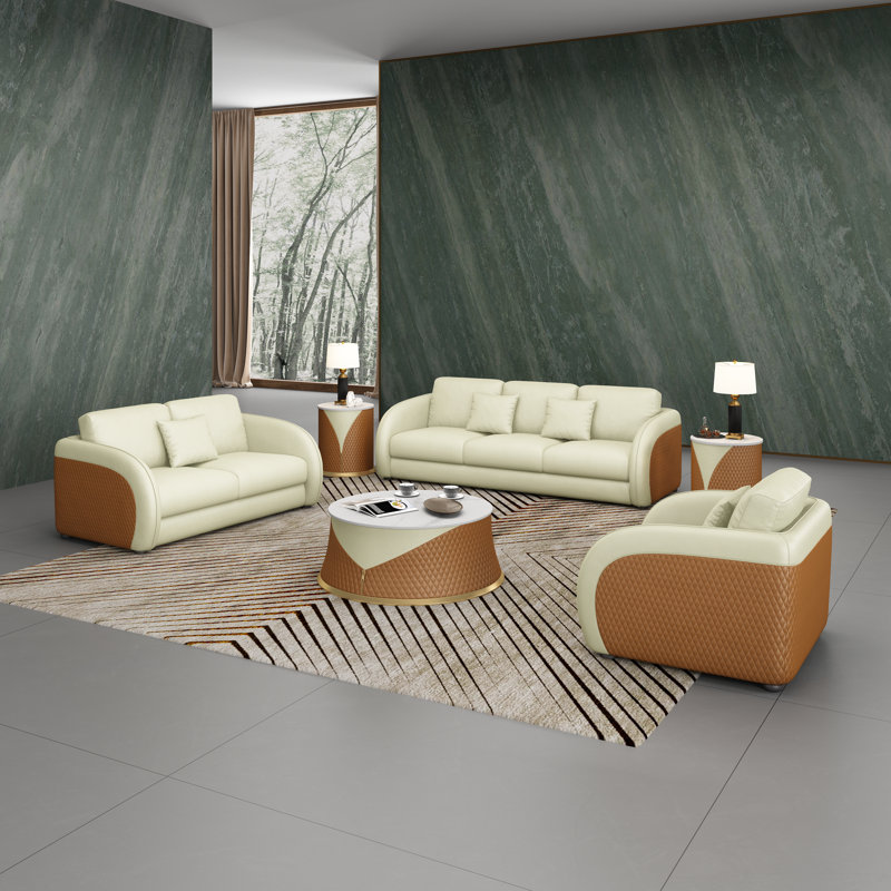 Noir 3 - Piece Living Room Set, Beige/Cognac Genuine Leather