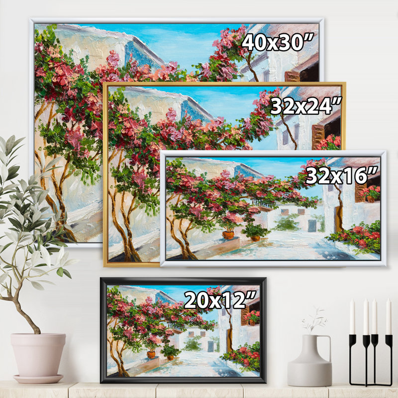 Maison blanche avec des fleurs en fleurs près de la mer - Peinture sur toile, H 16 po x l 32 po x p 1 po