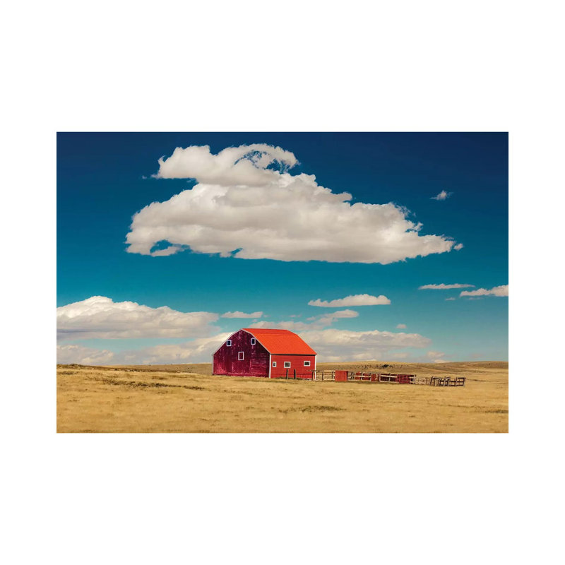 Oklahoma, USA Red Barn in Field with Puffy Clouds in Remote Oklahoma 1 Piece Wrapped Canvas Wall Art