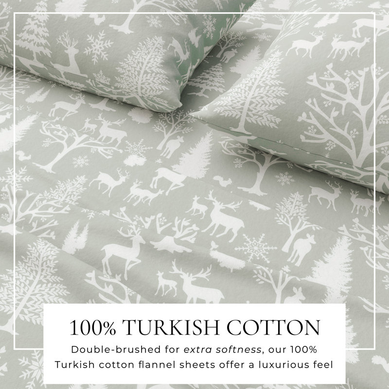 Ensemble de draps de Noël 100% flanelle de coton turc, Bleu bois enchantés, Très grand californien avec deux taies d'oreiller