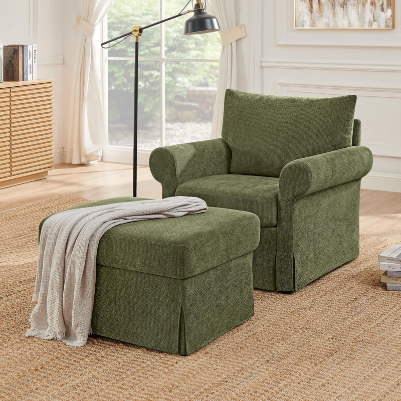 Chaise d'appoint rembourrée avec repose-pieds en chenille, Vert