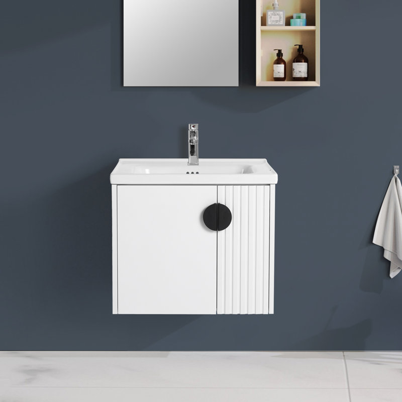 Meuble-lavabo mural avec lavabo en céramique, Blanc