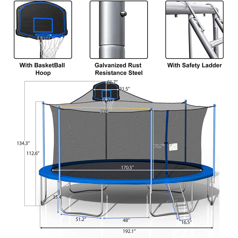 Trampoline de cour arrière 16 po avec enceinte sécuritaire, Bleu