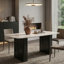 Rectangular Tempered Glass Dining Table with Marble Pattern and Black Dual-Pedestal Base-674401424