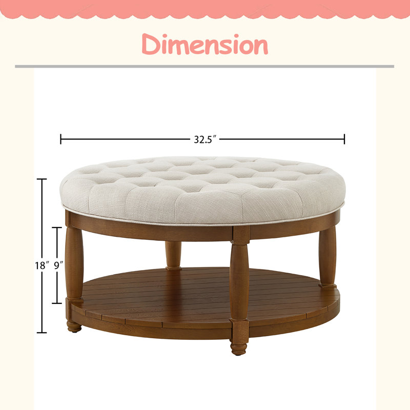 Grande table basse ronde avec repose-pieds rembourré en lin capitonné, grand repose-pieds avec tablette en bois massif, structure solide