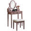 Coiffeuse et chaise en or rose, 3 compartiments de rangement en bois, miroir ovale réglable, plateau de table spacieux pour le maquillage, siège de tabouret rembourré, maquillage en bois avec tabouret, rangement de tiroirs Gleam, lisse-809953165
