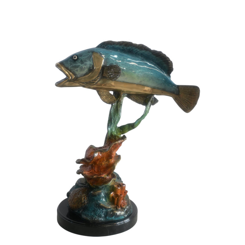 Sculpture de poisson bronze sur récif de corail et base en marbre 18 po x 10 po x H 26 po