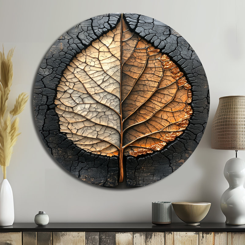 Modern Dark Leaves Symetry Of Winter I - Leaves Round Metal Wall Decor, 29" H x 29" W