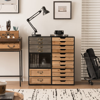 Industrial Storage Cabinet with Multi-Drawer Organizer, Rustic Wood and Metal Design, 28.9 x 12.5 x 30.7 Inch
