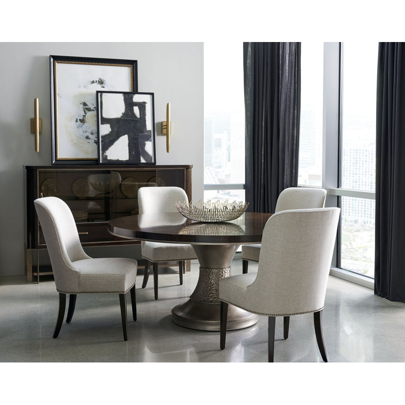 Round Brown and Gold Wood Dining Table for Six