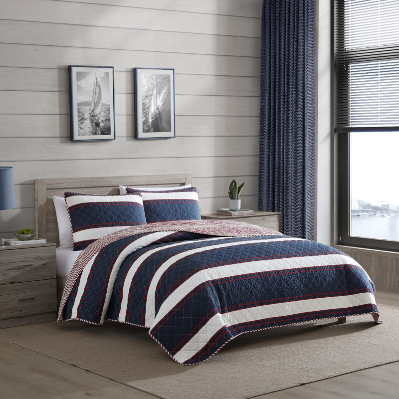 Nautica Wesley Blue Cotton Reversible Quilt Set, Twin Quilt + 1 Standard Sham