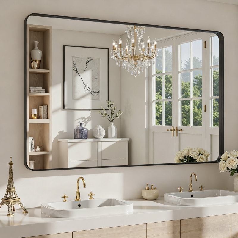 Lunara 1.18" Deep Rounded Corner Rectangular Bathroom Wall Mirror with Premium Tempered Glass & Aluminum Alloy Framed, Black