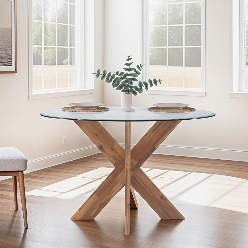 Alejoa 48" Glass Top Solid Wood Base Dining Table, Natural