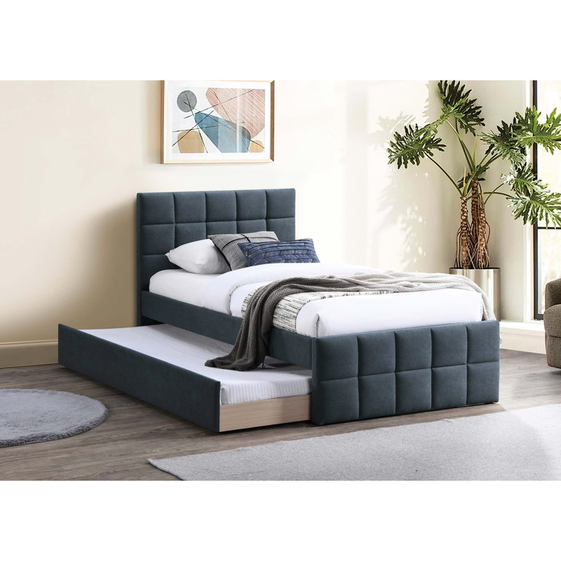 Tête de lit gigogne pleine grandeur incontournable de style contemporain avec tête de lit tapissier en lin gris anthracite et lit gigogne avec lit gigogne