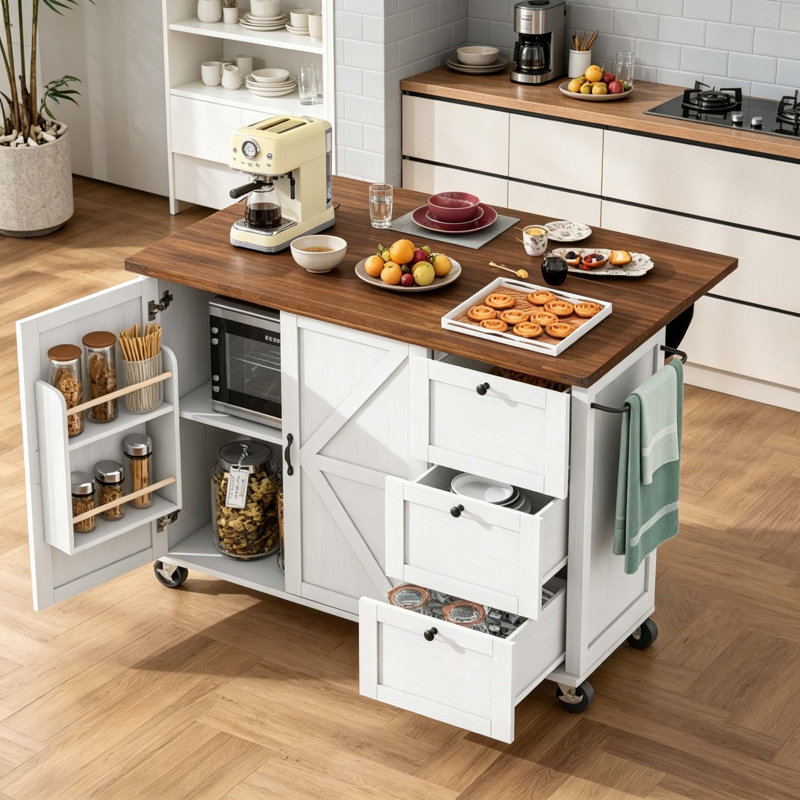 Farmhouse Rolling Kitchen Island Cart with Power Outlet, Drop Leaf Top, Side Spice Rack & Lockable Casters, White