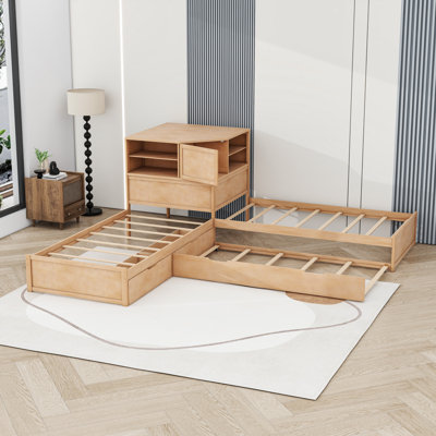 Lit plateforme simple en L avec bureau intégré, lit gigogne simple et 2 tiroirs