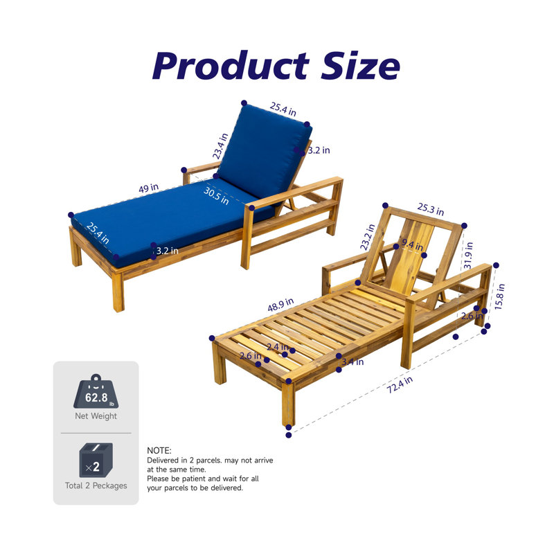Acacia Wood Outdoor Lounge Chair, 3-position Adjustable Backrest, 18d High-density Foam Cushions, Weather Resistant Easy Assembly, For Patio Garden Poolside Terrace Outdoor Space