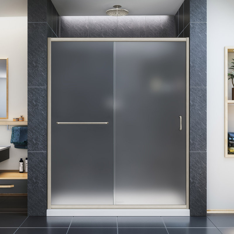 DreamLine Infinity-Z 36 inch D x 60 inch W x 74 3/4 inch H Semi-Frameless Sliding Frosted Shower Door in Brushed Nickel with Center Drain White Shower Base Kit