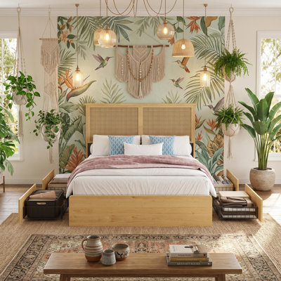 Rattan Bed Frame Full Size with Natural Rattan Headboard & LED Lights, Wood Full Bed Frame with Solid Wood Foundation, No Box Spring Needed, Natural