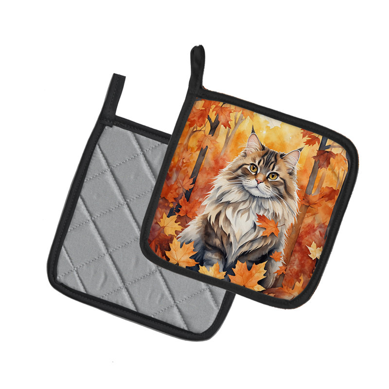 Paire de supports à casserole pour chat sibérien en feuilles d'automne