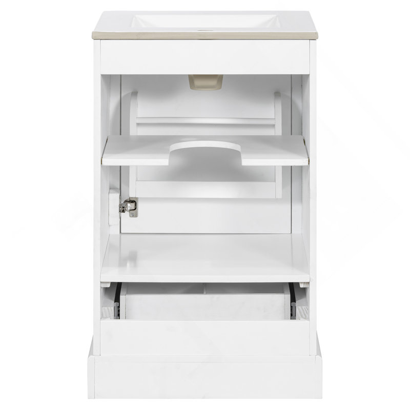 Meuble-lavabo de 20 po avec lavabo en céramique, porte à fermeture en douceur, tablette ajustable en forme de U, tiroir de compartiment et support de porte, style moderne, conception peu encombrante