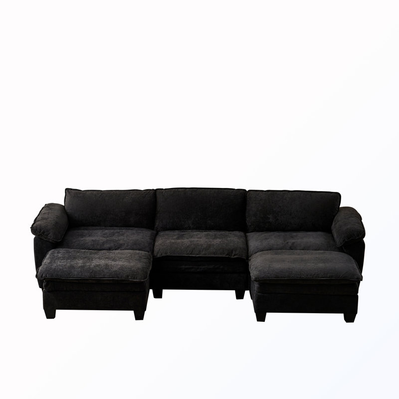 U-Shaped Sectional Sofa With 2 Ottoman, Black Chenille